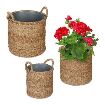 Afbeelding van Relaxdays plantenmand met zinken pot, set van 3, versch. groottes, zeegras bloempot, tuin &amp; balkon, plantenpot, natuur
