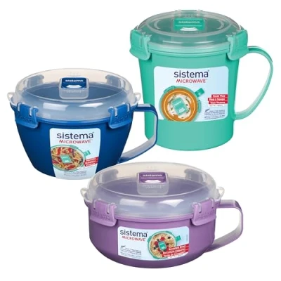 Afbeelding van Sistema Magnetron Containers Soep Mok, Pap Bowl &amp; Noedelkom Voedsel met Stoomontluchtingen BPA vrij Rood 3 Count