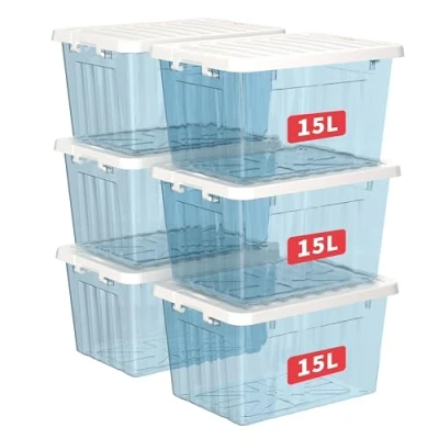 Afbeelding van Cetomo opbergdozen met deksels, 15L x 6 sluitgespen, kliksluiting, stapelbaar, nesten, organizer voor thuiskantoorkleding, transparant, blauw, stuks