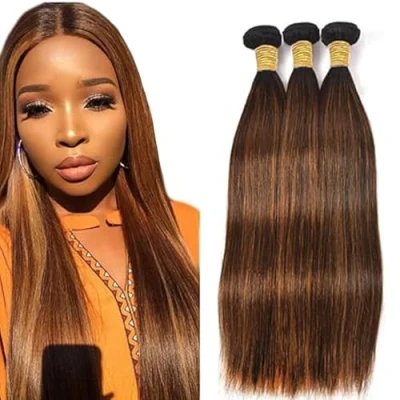 Afbeelding van Tuheerst Brown Human Hair Bundles Straight P430 Highlight Real 100% Unprocessed Brazilian Virgin 100g/PC 300g Total No Smell Tangle for Woman 3 16 Inches