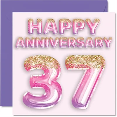 Afbeelding van Mooie 37e verjaardag kaart voor vrouw vriendin man vriend roze paarse glitter ballon Happy 37 Anniversary Cards uit Family, 145 mm x wenskaarten zevenendertigste jubilea