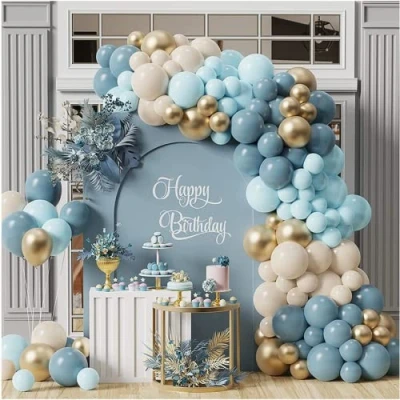 Afbeelding van blauwe ballonnenboogkit, ballonboogslingerset van 122 stuks blauwe, nude en gouden ballonnen, retro ballonnen voor mannen kinderen, decoratie babyshower, verjaardagsfeest of vrijgezellenfeest