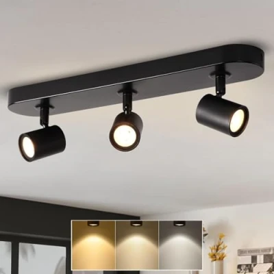 Afbeelding van ANWIO Plafondspot, 3 lichtpunten, zwart, dimbare led plafondlamp, draaibaar, GU10, moderne plafondspots voor keuken, slaapkamer, woonkamer, met lamp (EUCS LG11A)