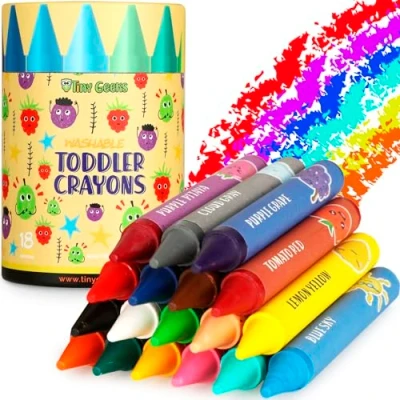 Afbeelding van TinyGeeks 18 kleuren Jumbo + niet giftige kleurpotloden voor peuters van 1 3 jaar, wasbare kinderen 4 8 gemakkelijk vast te houden grote kleurpotloden,