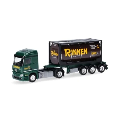 Afbeelding van Herpa vrachtwagen model Mercedes Benz Actros 18 Streamspace 2.3 Tankcontaineroplegger &quot;Rinnen&quot;, schaal 1:87, voor diorama, modelbouw, verzamelobject, Made in Germany, kunststof