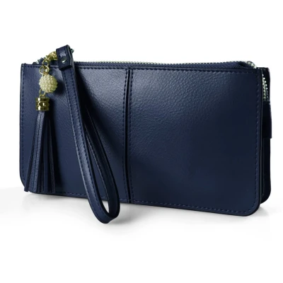 Afbeelding van befen polstasje voor dames, clutch portemonnee van echt leer met kaartvakken en polsbandje kersttelefoon 8 Plus, marineblauw