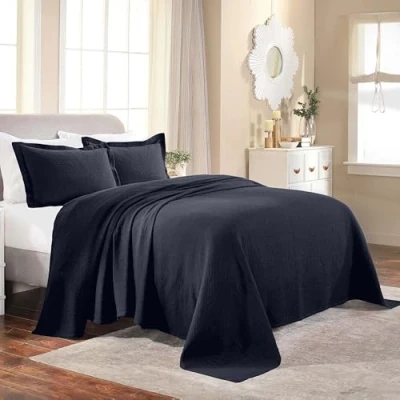 Afbeelding van SUPERIOR 100% katoenen medaillon sprei met shams, all season premium matelassé jacquard beddengoed, quiltlook bloemen patroon king, marineblauw