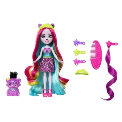 Afbeelding van Enchantimals Zon en Strand, Panter, pop dierenvriendje met luxe haar om te stylen accessoires, dierenspeelgoed kleurrijke outfits, HTJ69