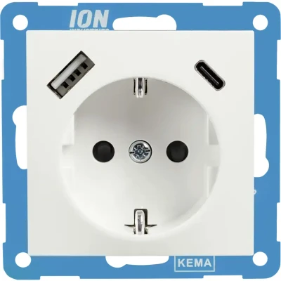 Afbeelding van ION industries stopcontact met randaarde en USB A + C kinderbeveiliging E1 alpin wit glanzend (10.302.414) wandcontactdoos