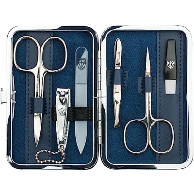 Afbeelding van DREI SCHWERTER Germany 6 delige manicureset &#039;Genova&#039; Nagelverzorgingsset in Textiletui Jeans Blauw Inhoud: Nagelschaar, Nagelknipper, Glazen nagelvijl, pincet, saffier nagelvijl
