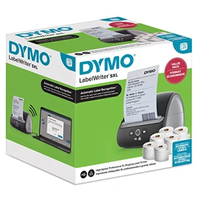 Afbeelding van DYMO LabelWriter 5XL Labelprinter Bundle Automatische labelherkenning Drukt extra brede verzendlabels af voor Amazon, DHL en meer Perfect webwinkeliers Tweepolige EU stekker