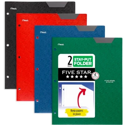 Afbeelding van Five Star 2 Pocket mappen, 4 stuks, plastic mappen met Stay Put Tabs, Past 3 Ring Binder, Houdt 11&quot; x 8 1/2&quot;, diverse kleuren (38049), Zwart, Rood, Groen, Blauw