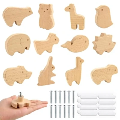 Afbeelding van HGRGHH 12 PCS Houten Meubelknoppen voor Kinderkamer, Dierenvormige Knoppen met Schroeven, Deurknoppen Kasten en Laden, Decoratieve Kastknoppen, Handgrepen Meubels