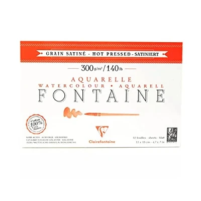 Afbeelding van Clairefontaine 96348C Aquarelblok Fontaine Satiné (100% hader, fijnkorrelig, glad, geschikt voor natte en droge technieken, zuurvrij, 300 g, 12 vellen) x 18 cm, wit