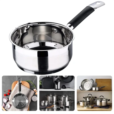 Afbeelding van Cheqo® Steelpan Kookpan Ø16cm x 7,5cm 1.3L RVS Dubbelzijdige Schenktuit Siliconen Handvat Maataanduiding Alle Warmtebronnen Inclusief Inductie