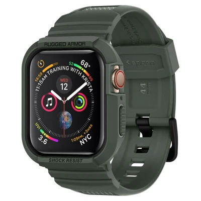 Afbeelding van Apple Watch 44 mm Hoes: Spigen Rugged Armor Pro Case Shockproof/Valbescherming Bumper Groen Siliconen En TPU (zacht) Smart Covers