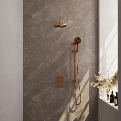 Afbeelding van Brauer Copper Edition Regendoucheset inbouw hoofddouche 20cm gladde knop handdouche Rond 3 standen glijstang PVD geborsteld koper
