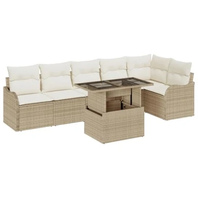 Afbeelding van vidaXL 7 delige Tuin Sofa Set met Kussens Beige Poly Riet