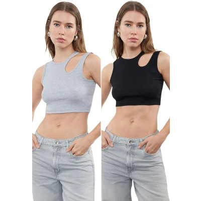 Afbeelding van Trendyol Bruin Oranje 2 Pack Uitgesneden Gedetailleerd Aansluitend Cropped Geribbeld Elastisch Gebreid Ondershirt Twoss23Al00006