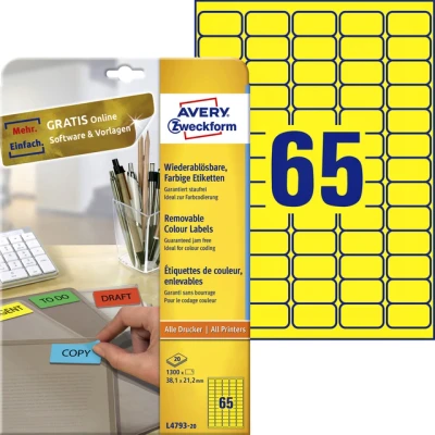 Afbeelding van Avery Gekleurde etiketten 38,1 x 21,2 mm, geel, Inkjetprinter, Laserpr