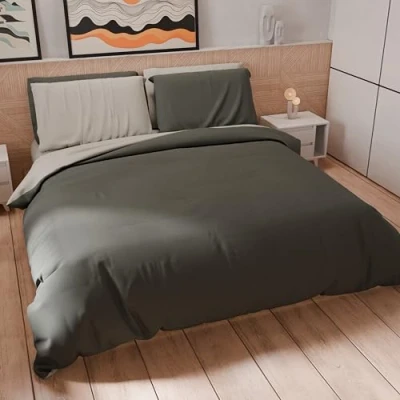 Afbeelding van PETTI Artigiani Italiani dekbedovertrek voor tweepersoonsbed, en kussenslopen van microvezel, tweekleurig, donkergrijs/lichtgrijs, 100% Made in Italy