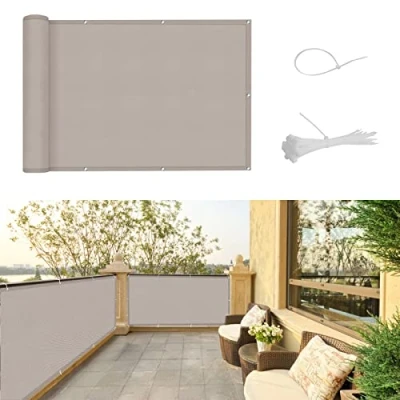 Afbeelding van SUNNY GUARD Balkonscherm, inkijkbescherming, 80 x 500 cm, balkonafdekking, PES UV bescherming, weerbestendig, met kabelbinders, Taupe