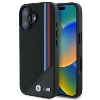 Afbeelding van CG MOBILE BMW HC M Telefoonhoesje ontworpen voor iPhone 16, duurzaam, schokbestendig, compatibel met Magsafe, PU geperforeerd driekleurig hoesje, zwart