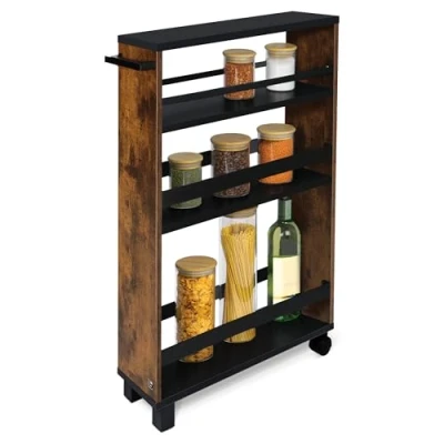 Afbeelding van Hylla Opbergtrolley 50x79x15 cm Keukentrolley op 2 wieltjes &amp; poten Serveerwagen hout met 3 planken FSC® werkblad smalle opbergruimte onder bureau voor keuken badkamer kantoor Bruin Zwart