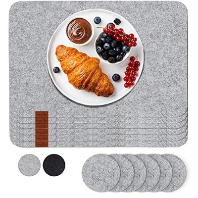 Afbeelding van placemat afwasbaar van vilt incl. glas onderzetters set 12 Afwasbare 44 x 32 cm vilten grijs Tafelmat placemats