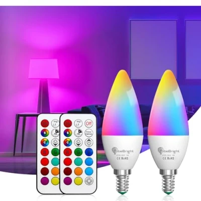 Afbeelding van TobeBright E14 RGB LED Glühbirnen Dimmbar mit Farbwechsel, 3W Kerzenlampe C35 SES Buntes Licht, 12 Farben Fernbedienung Memory Funktion und Stoppuhr für Haus Party, 2 Stück