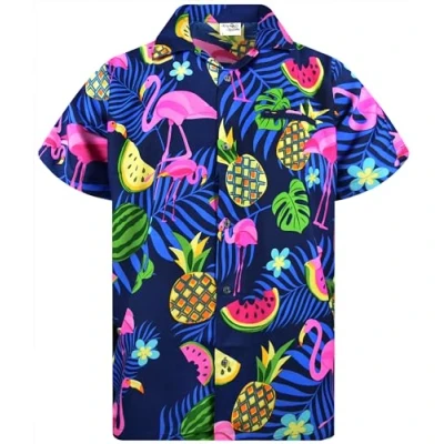 Afbeelding van King Kameha Funky Hawaïhemd voor heren, korte mouwen, voorzak, party, flamingo, meloenprints, Flamingo Melone blauw, L