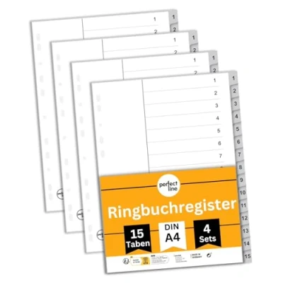 Afbeelding van perfect line Ordner tabbladen DIN A4 van kunststof (PP), 15 (15 delig), set 4, grijs, scheidingsbladen voor dossiermap, recyclebaar, Made in Germany