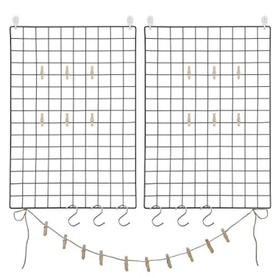Afbeelding van SONGMICS Fotowand van draadgaas, set 2, wanddecoratie, multifunctionele rasterwand, wandrooster, DIY, met S haken, klemmen en hennepkoord, zwart LPP02H