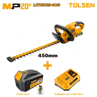 Afbeelding van Tolsen Heggenschaar op accu Industrial 20V Li ion 200W Zaagbladlengte: 450 mm Snijbreedte 18 0 2000 SPM Incl. 1x 4.0Ah &amp; snellader
