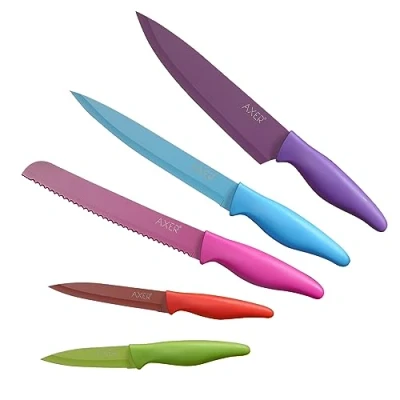 Afbeelding van Axer Gekleurde Messen Set 5 Hoge Koolstof Roestvrijstalen Keukenmessen met Non Stick Kleurcodering &amp; Ultra Scherp Lemmet Anti slip Handvat Inclusief Chef Brood Snijder Utility en Paring Knifea