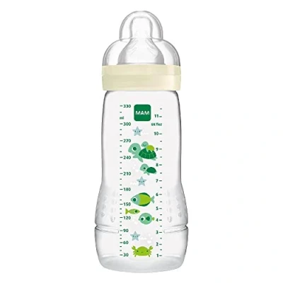 Afbeelding van MAM Babyfles, vanaf 4 maanden, 330 ml, met zuignap 3 snelvloeiende siliconen, gemakkelijk vast te houden, reinigen, eenvoudig neutraal glanzend