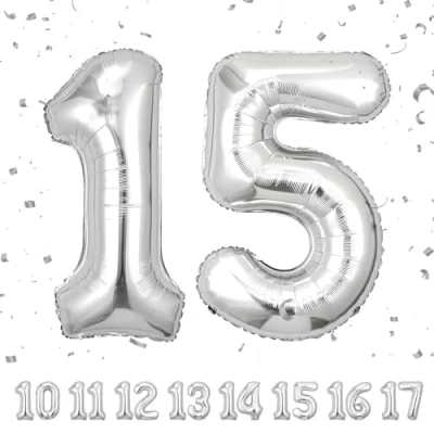 Afbeelding van Ballonnen voor verjaardag 15 jaar, zilver, 101 cm, verjaardagsdecoratie een man en vrouw, opblaasbaar cijfer van folie, beige, jaar