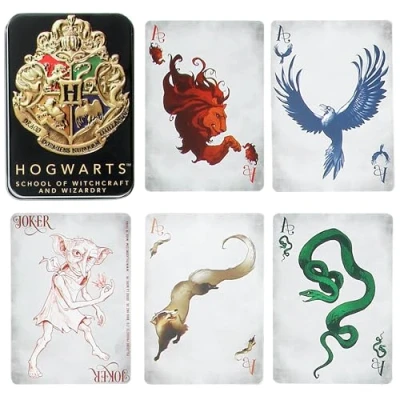 Afbeelding van Paladone Hogwarts speelkaarten in een zwarte doos, Harry Potter spel &amp; activiteit, 52 kaarten vertegenwoordigen Gryffindor, Ravenclaw, Huffelpuff, Zwadderich