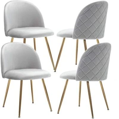 Afbeelding van JINPALAY Set van 4 eetkamerstoelen, fluweel, keukenstoel, gestoffeerde stoel met rugleuning, stoel, moderne woonkamerstoel, gouden poten, 4, grijs