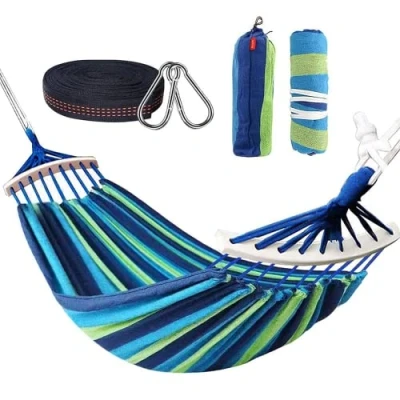 Afbeelding van Nakeey Dubbele hangmat 280 x 150 cm, outdoor hangmatten staafhangmat voor reizen, kamperen, wandelen, tuin, draagbaar en ademend, belastbaarheid tot 300 kg, blauwe strepen