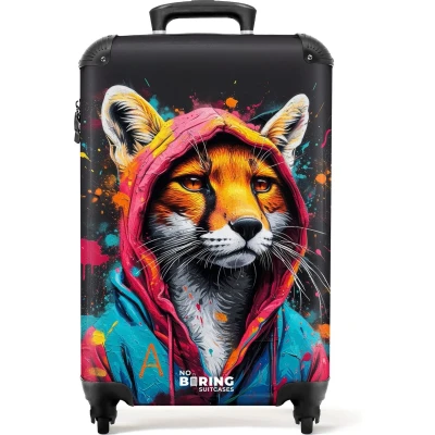 Afbeelding van NoBoringSuitcases.com® Handbagage koffer lichtgewicht Reiskoffer trolley Vos met roze en blauwe jas verfspetters Rolkoffer wieltjes Past binnen 55x40x20 55x35x25