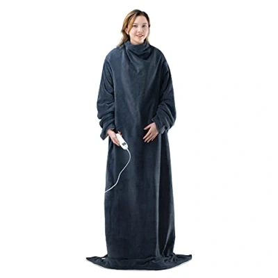 Afbeelding van Navaris XXL warmtedeken met mouwen Wasbare elektrische deken 9 standen en timer 195x125cm Donkerblauw/crème