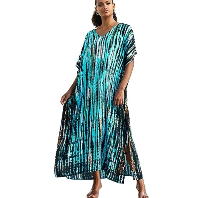 Afbeelding van YouKD Print Bloemen Lange Kaftan V hals Robe Boho Strand Badpak Cover Up Maxi Jurk voor Dames