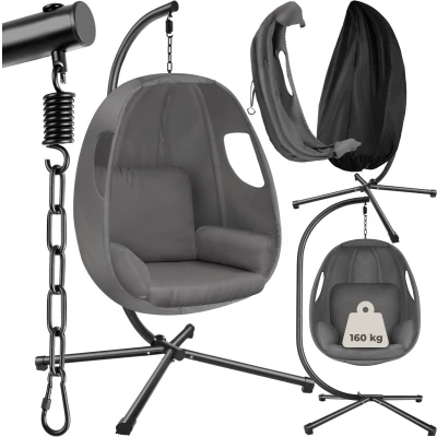 Afbeelding van tectake® hangstoel met frame, binnen of buiten, schommelstoel kussen + rugkussen, hangstoel, tot 160kg (antraciet)