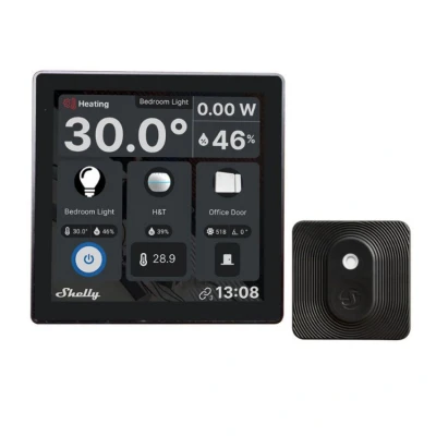 Afbeelding van Shelly Wall Display zwart + blauw H &amp; T (bundel), slimme besturing en milieubewaking startpakket, wifi bluetooth, thermostaat, geïntegreerd 5 A relais, neutrale geleider vereist