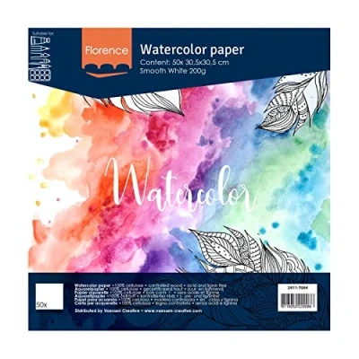 Afbeelding van Vaessen Creative Warmgeperst aquarelpapier, 30,5 x cm, intens wit, 200 g/m², kunstenaarskwaliteit, glad oppervlak, 50 vellen om te schilderen, handlettering, kunstprojecten
