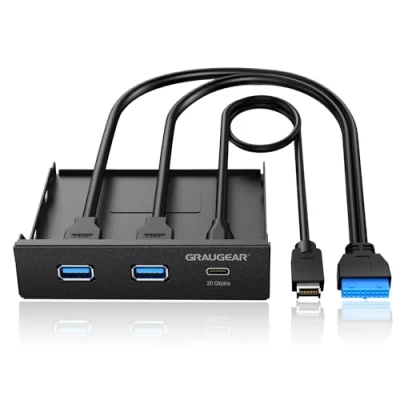 Afbeelding van GRAUGEAR, USB 3.2 Gen2 frontpaneel voor 3,5 inch, 1x C + 2 x A, 10 Gbit/s Type C, 19 pin &amp; Key A 20 pins header, metaal, PC frontpaneel, G MP01, zwart