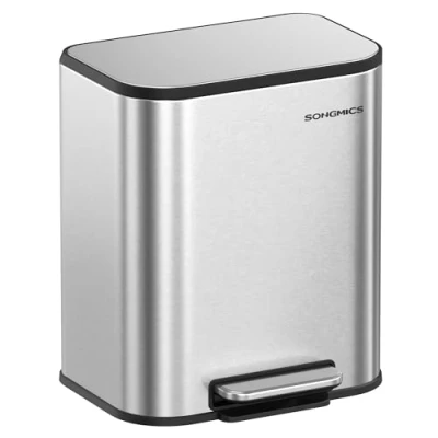 Afbeelding van SONGMICS keukenprullenbak, 20 liter prullenbak met deksel, pedaalemmer, staal, soft close, openhoudfunctie, binnenemmer, breed antislippedaal, metallic zilver LTB542E20