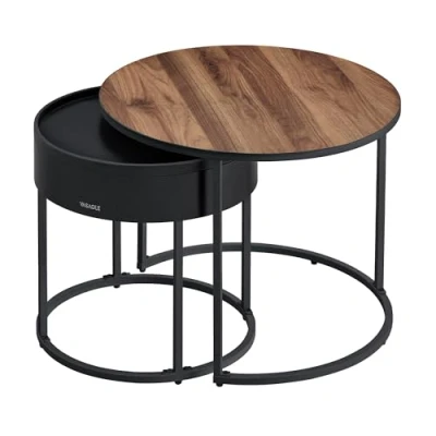 Afbeelding van VASAGLE ronde salontafel set van 2 bijzettafels moderne verborgen opbergbak voor woonkamer slaapkamer balkon natuurlijke walnoot inkt zwart LCT044K43