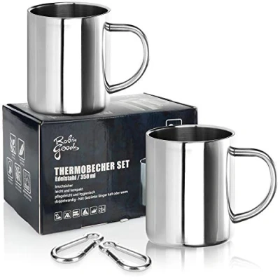 Afbeelding van Robin Goods® 2x RVS thermobekers + 2 karabijnhaken 60mm 350 ml per koffiekop thermo drinkbeker breukvaste koffiekan dubbelwandige isoleerbeker (02 stuks met karabijnhaken)